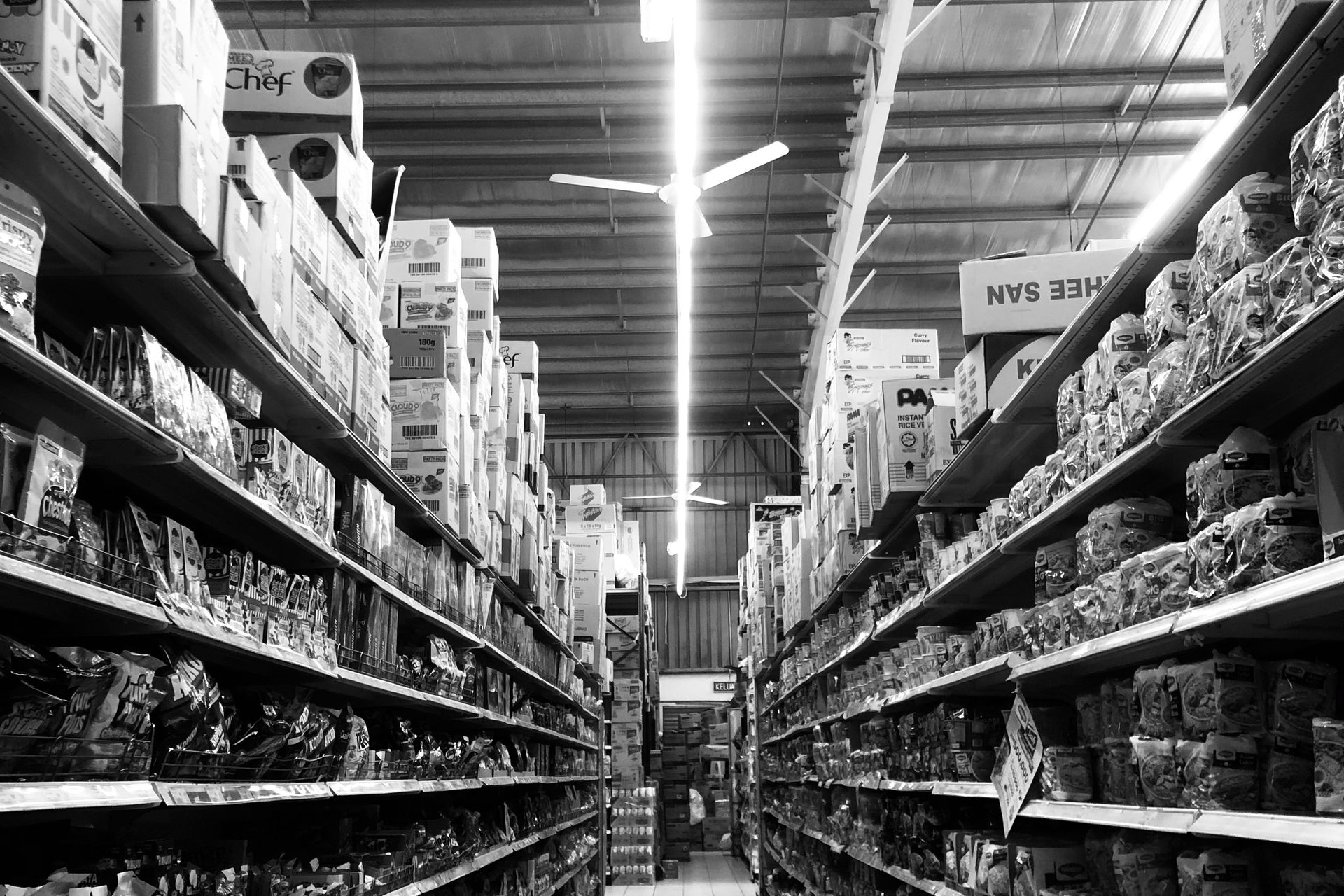 Grocery store shelves stocked with products